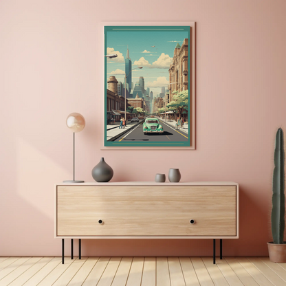 Modern Metropolis City Street Vintage Style Travel Poster