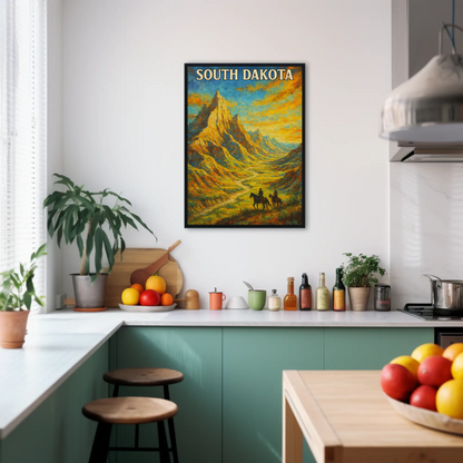 South Dakota Painted Cowboy Mountains Trail Vintage Travel Poster