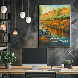 Amsterdam Flower Market Scenic Travel Heritage Cityscape Decor Vintage Artistic Souvenir Wanderlust Poster
