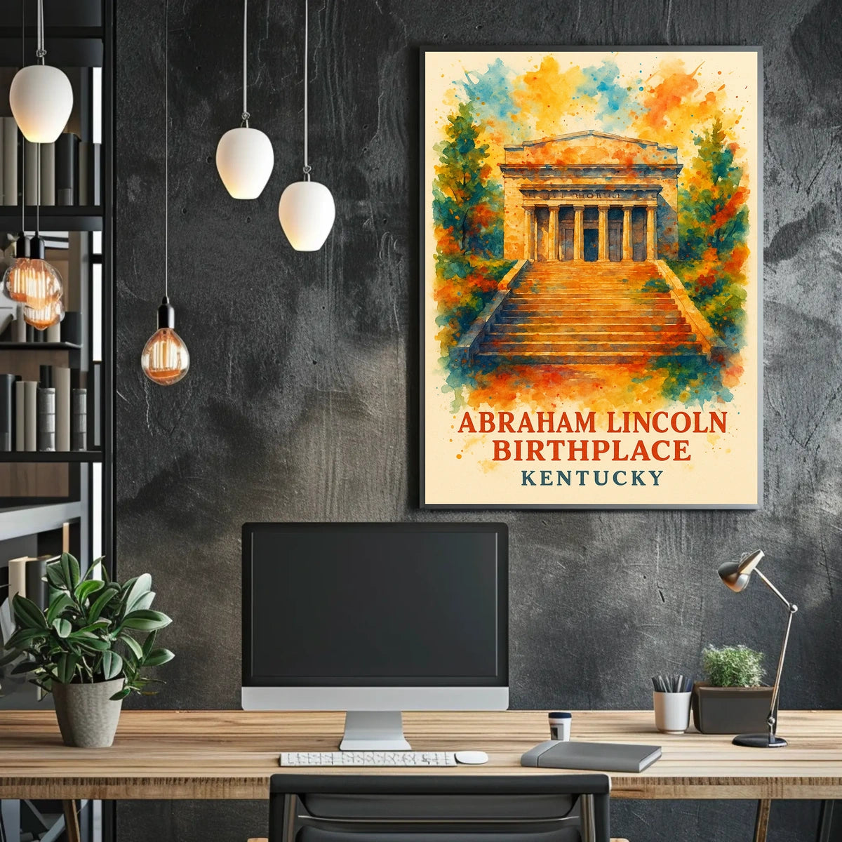 This poster features a depiction of the Abraham Lincoln Birthplace, located in Kentucky. Travel Poster
