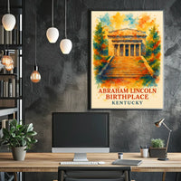 This poster features a depiction of the Abraham Lincoln Birthplace, located in Kentucky. Travel Poster
