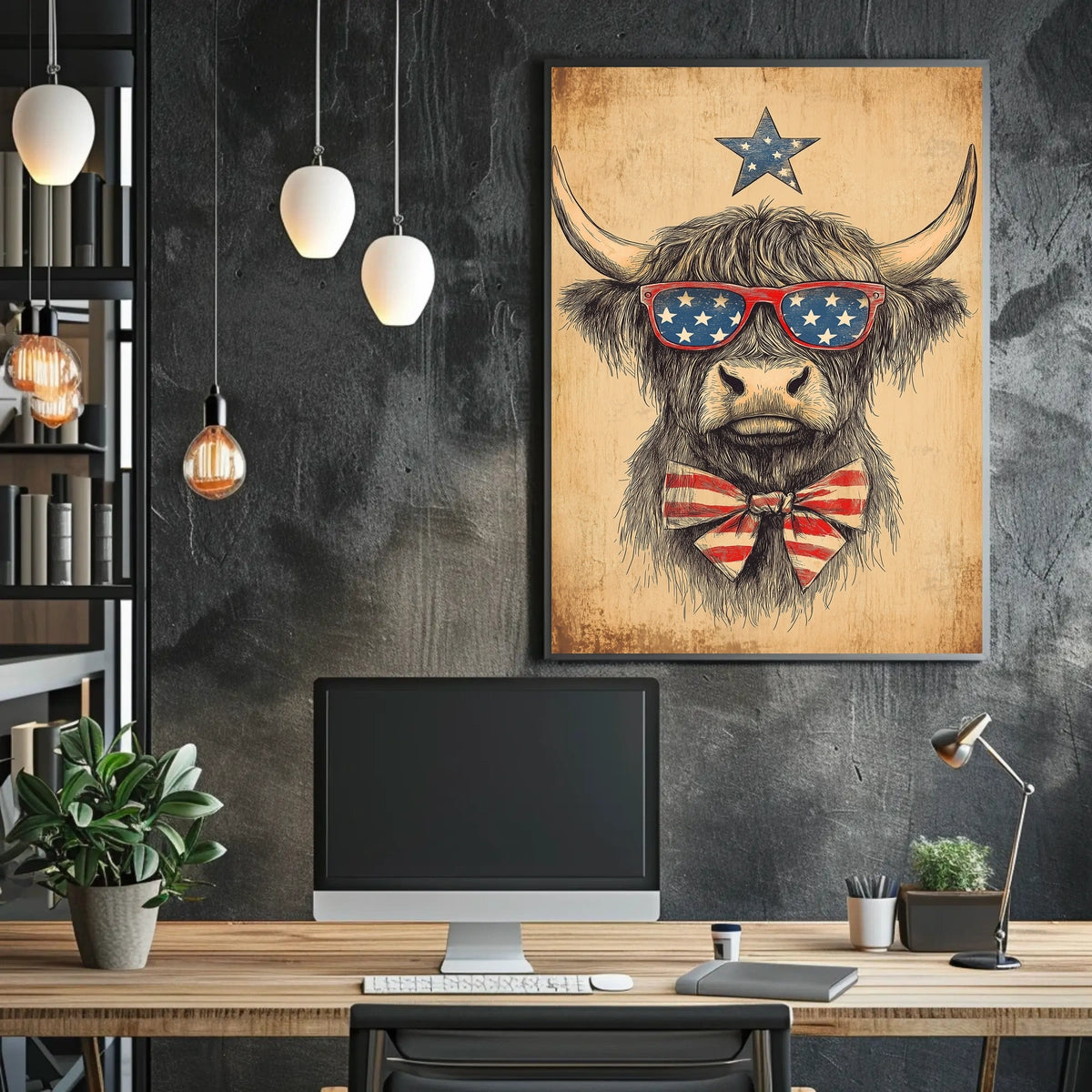Highland Cow With Stars Sunglasses Americana Poster