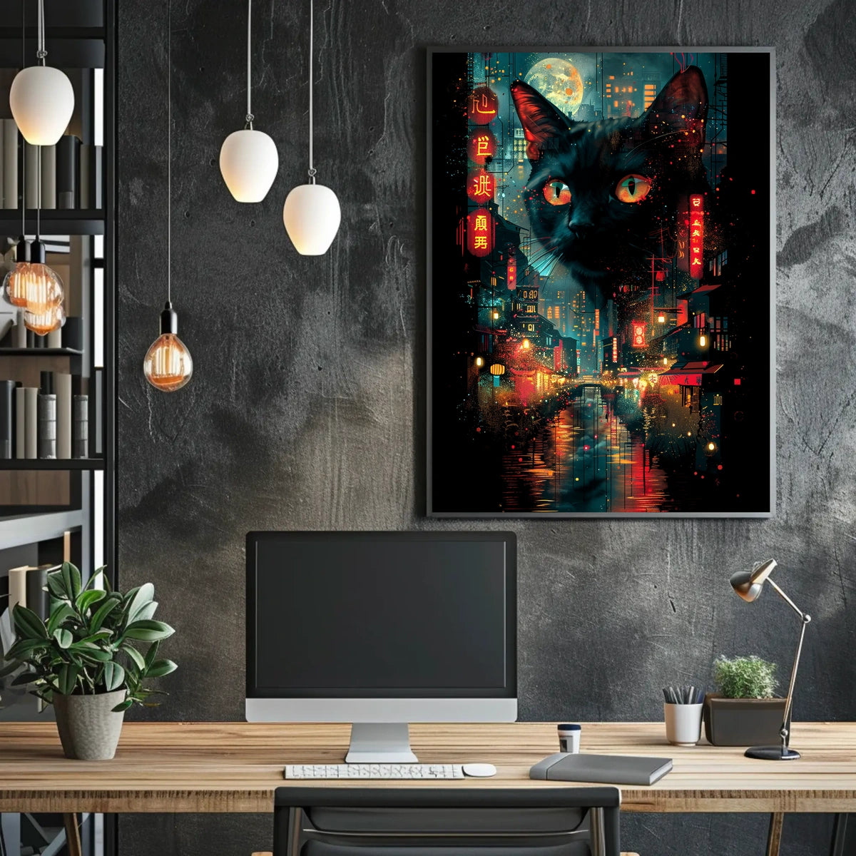 Surreal Cityscape Poster with Floating Black Cat