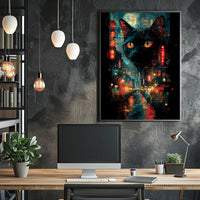 Surreal Cityscape Poster with Floating Black Cat