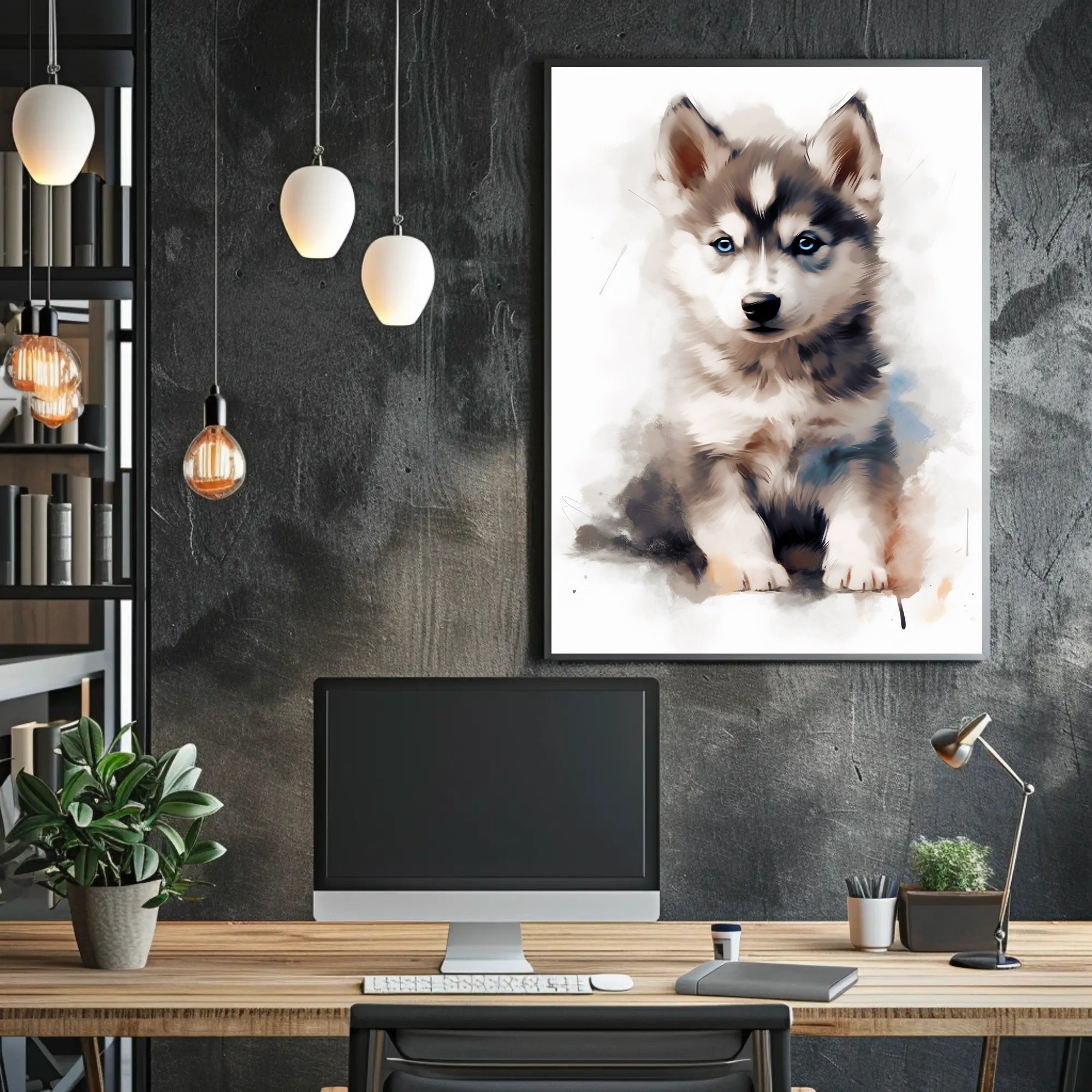 Husky Puppy Watercolor Portrait Poster Print