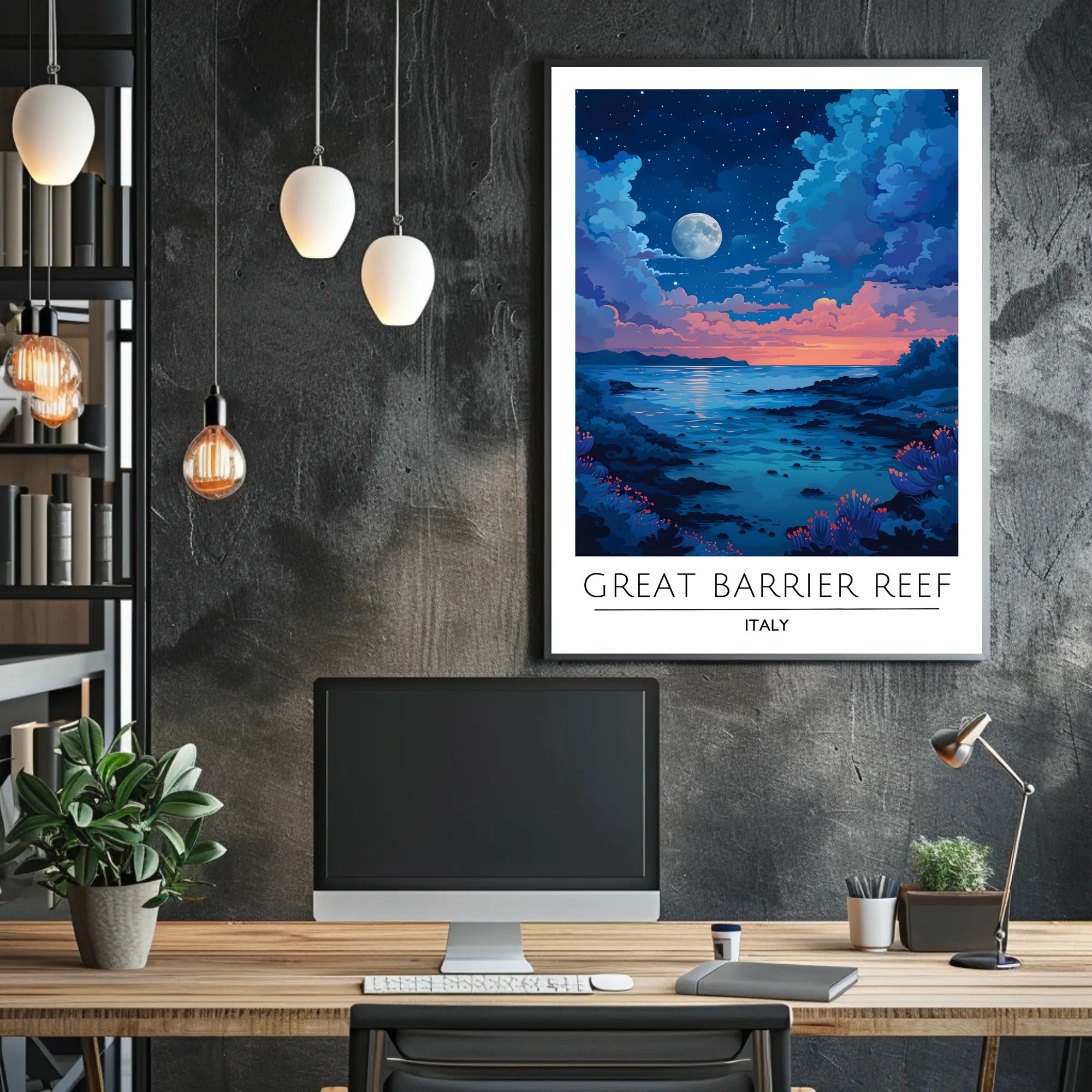 Dreamy Coastal Night Scene Under Full Moon - Artistic Poster