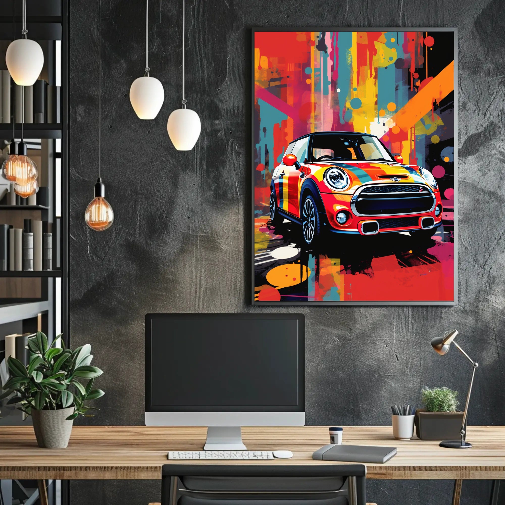 Vibrant Abstract Art Poster with Mini Cooper Illustration