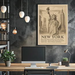 New York City Landmarks Skyline Poster Vintage Wall Art