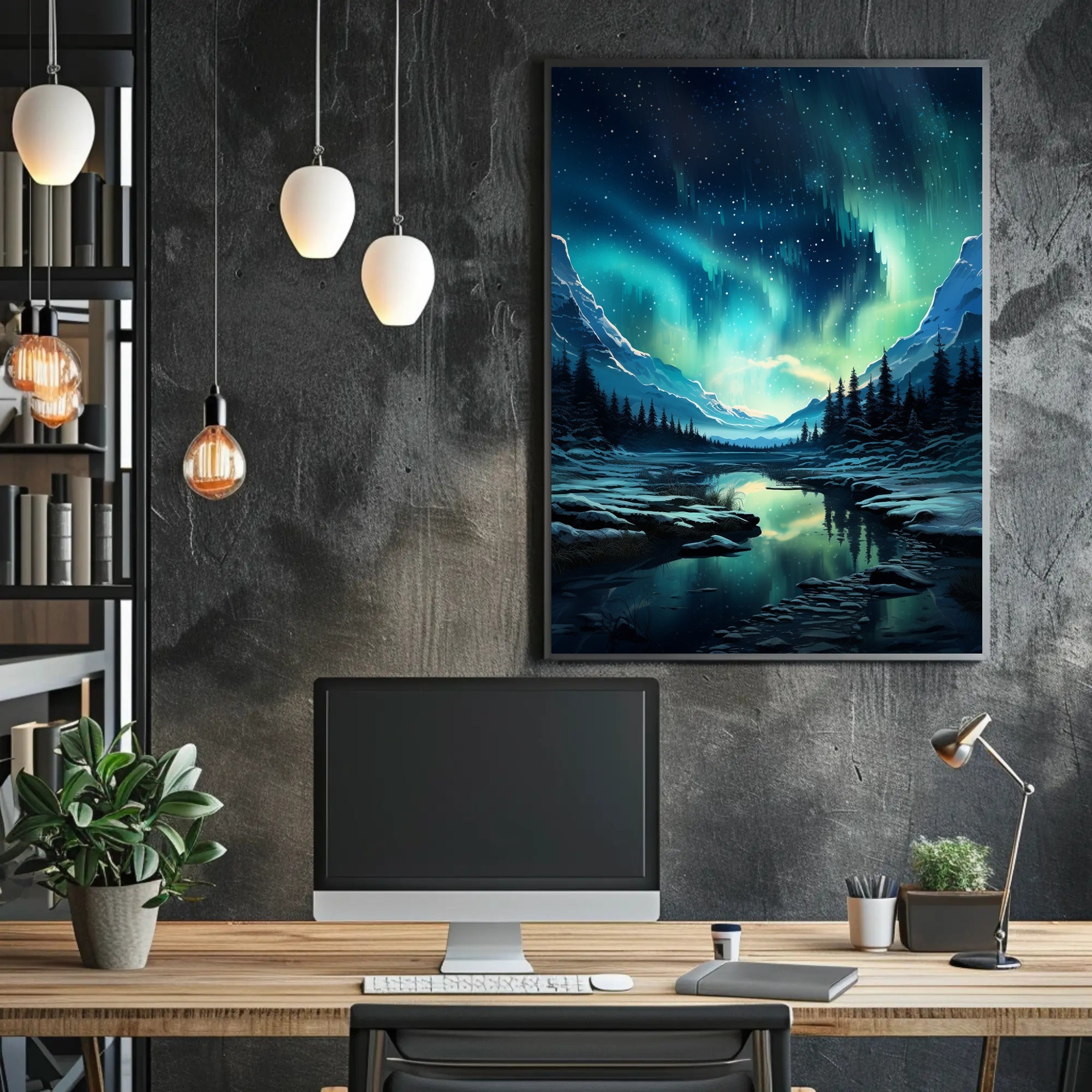 Aurora Borealis Over Snowy Mountains Poster