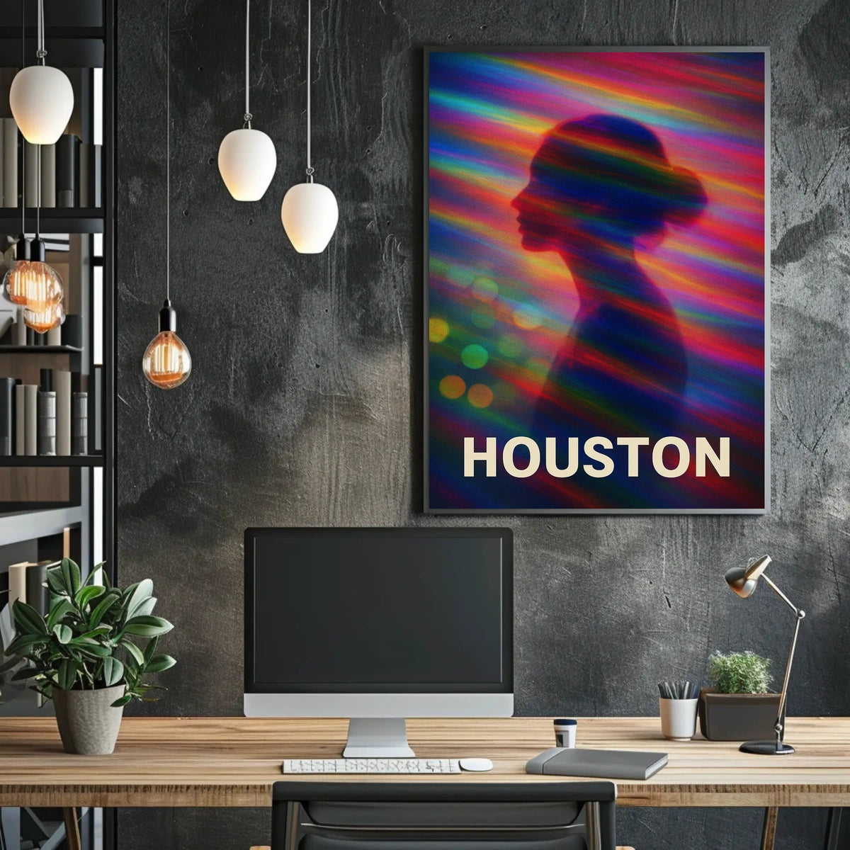 Vibrant Silhouette Houston Night City Neon Skyline Pop Art Digital Painting Urban Poster
