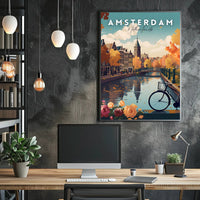 Scenic Autumn Amsterdam Canal Travel Poster