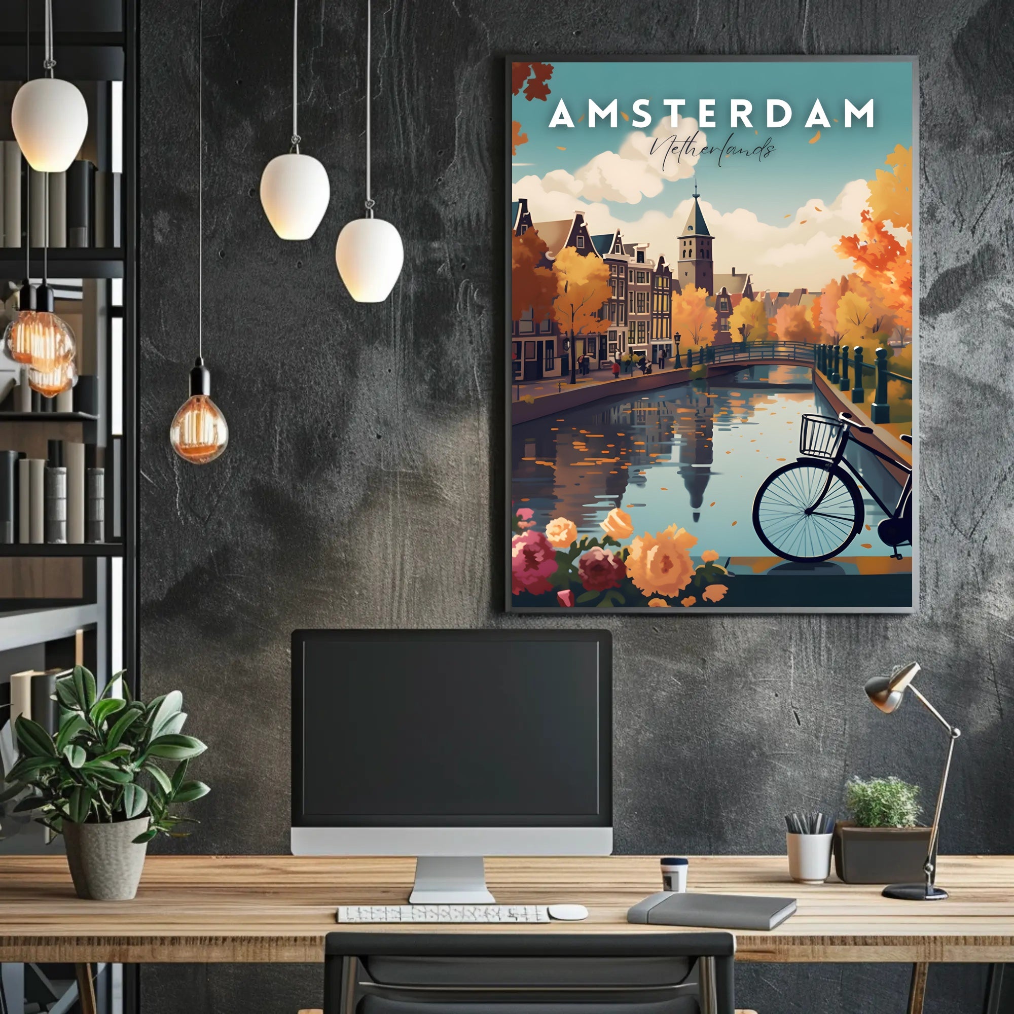 Scenic Autumn Amsterdam Canal Travel Poster