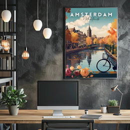 Scenic Autumn Amsterdam Canal Travel Poster