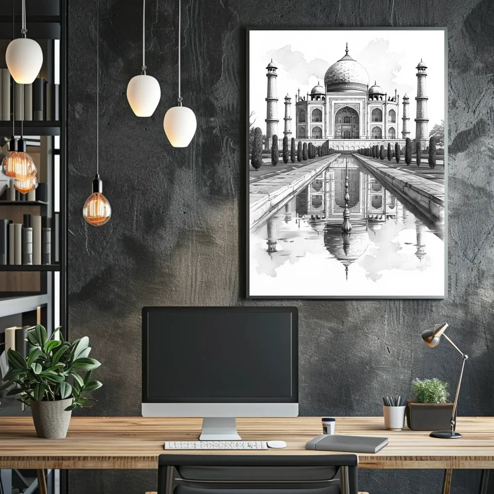 Taj Mahal Black and White Sketch Poster Art