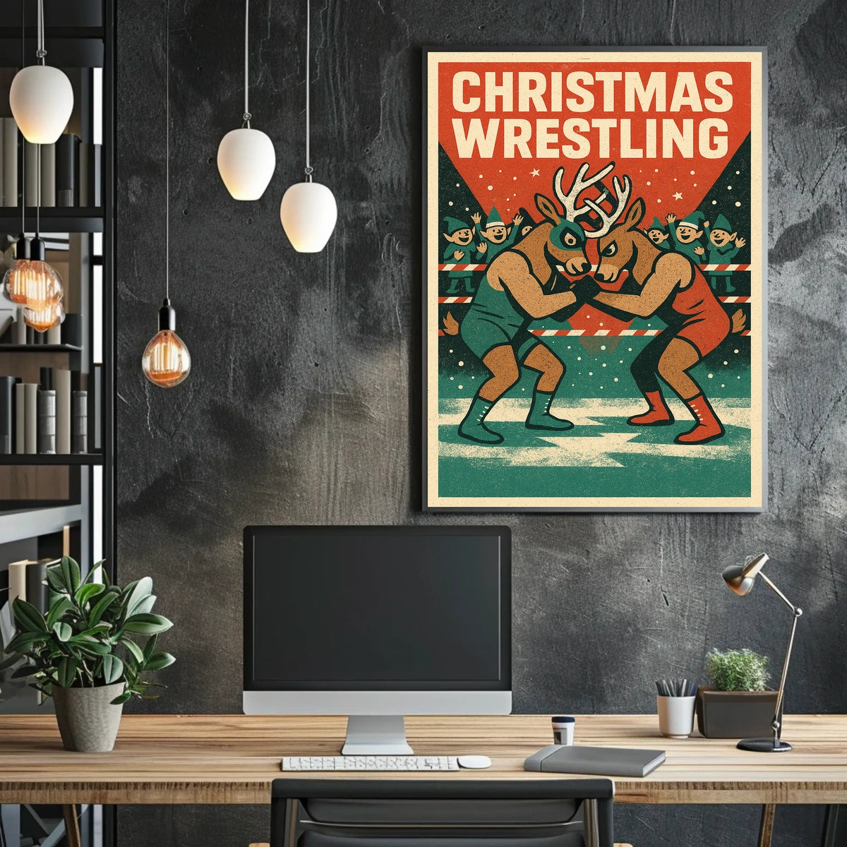 Christmas Wrestling Reindeer Vintage Sports Poster