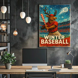 Winter Baseball Deer Poster: Festive Sports Art