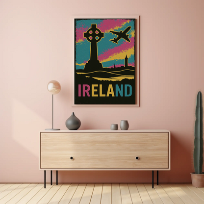 Ireland Celtic Cross Air Travel Retro Poster