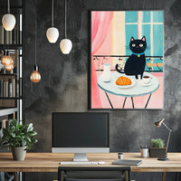 Black Cat Breakfast Poster Charming Morning Wall Art