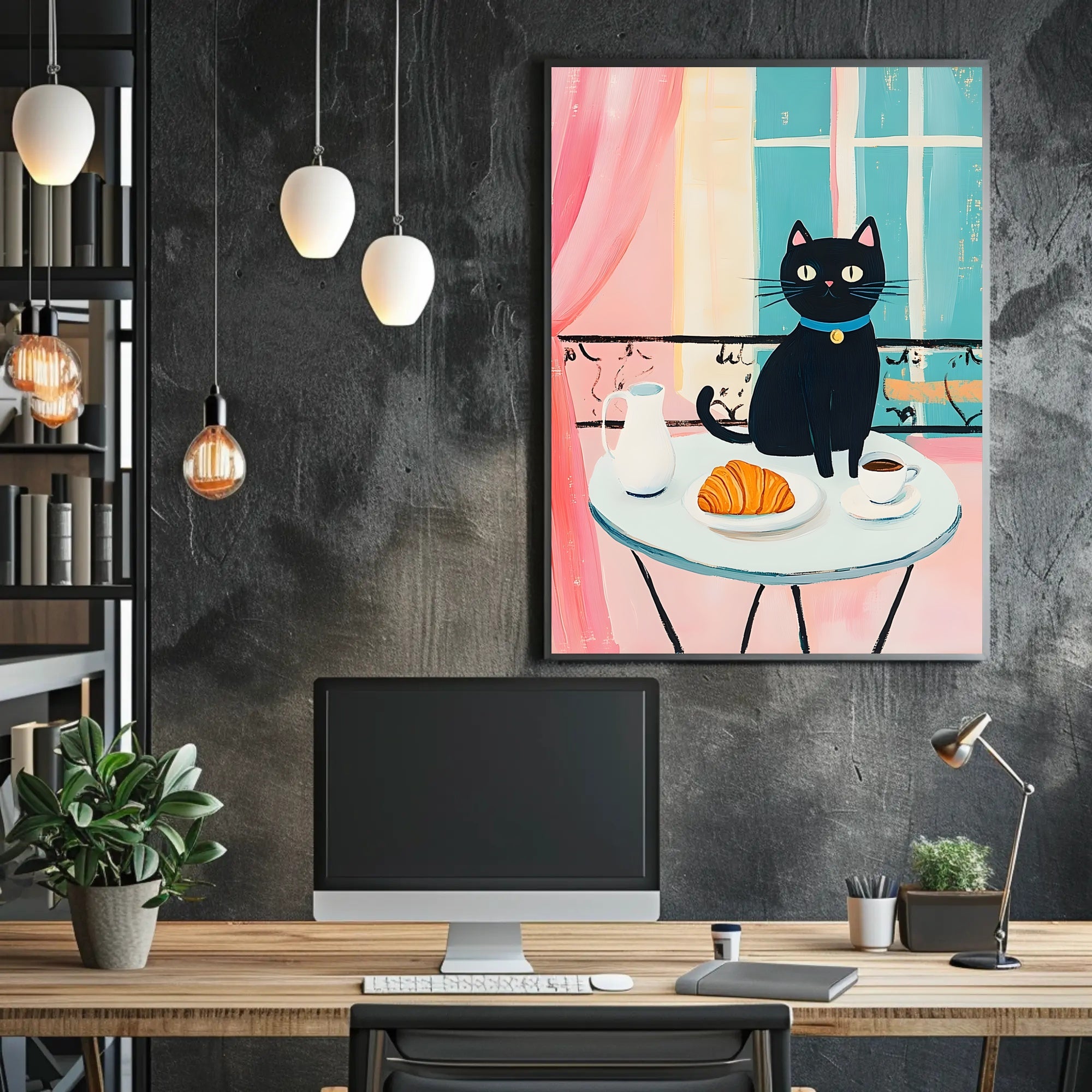 Black Cat Breakfast Poster Charming Morning Wall Art