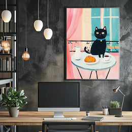 Black Cat Breakfast Poster Charming Morning Wall Art