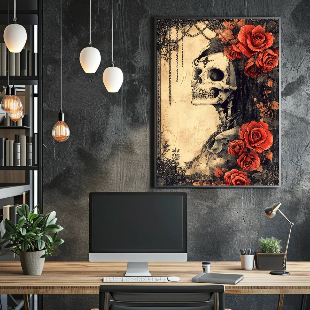 Gothic Skull and Roses: Abstract, Artistic, or Pop Culture Poster