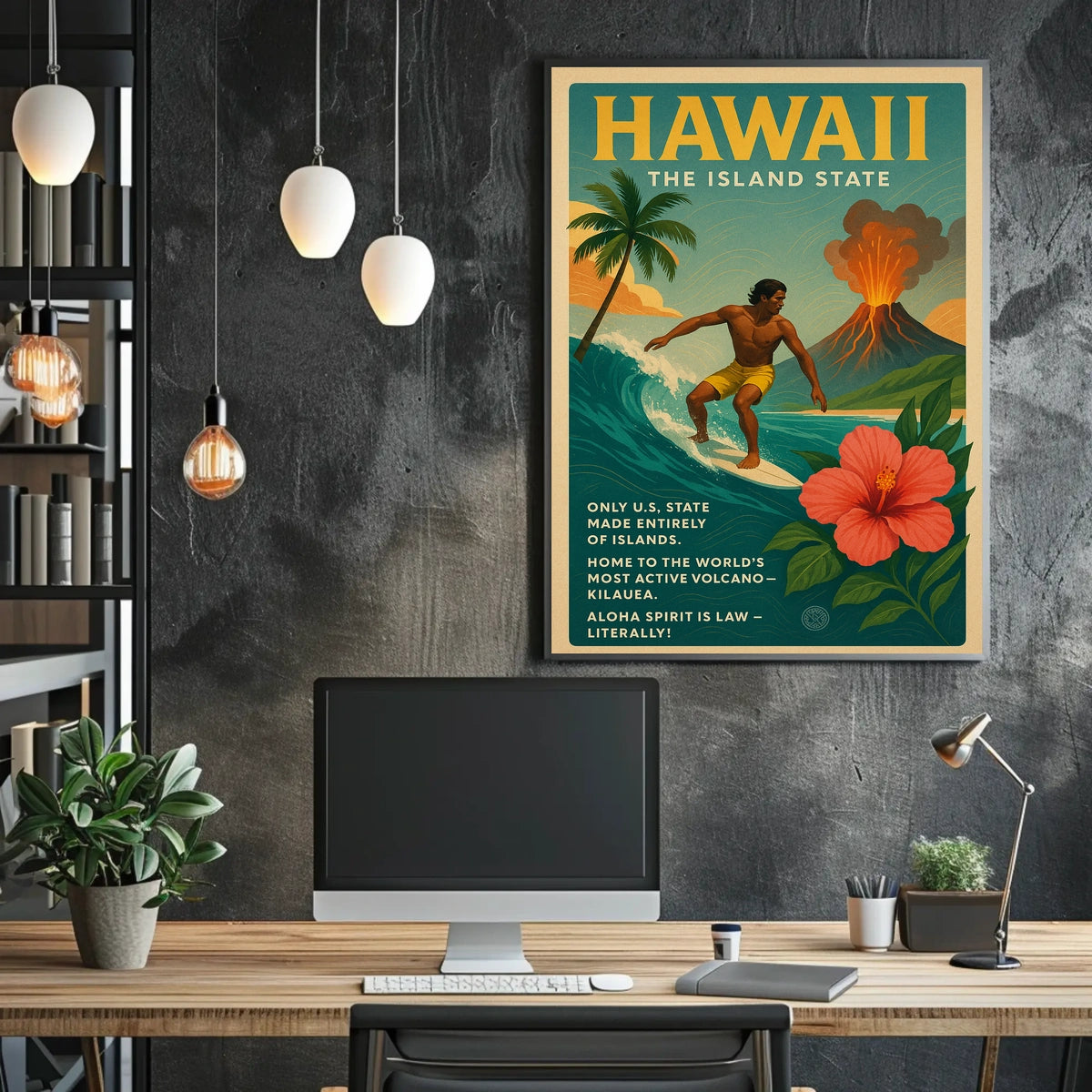 Hawaii Adventure Vintage Travel Poster: Surfing & Volcano