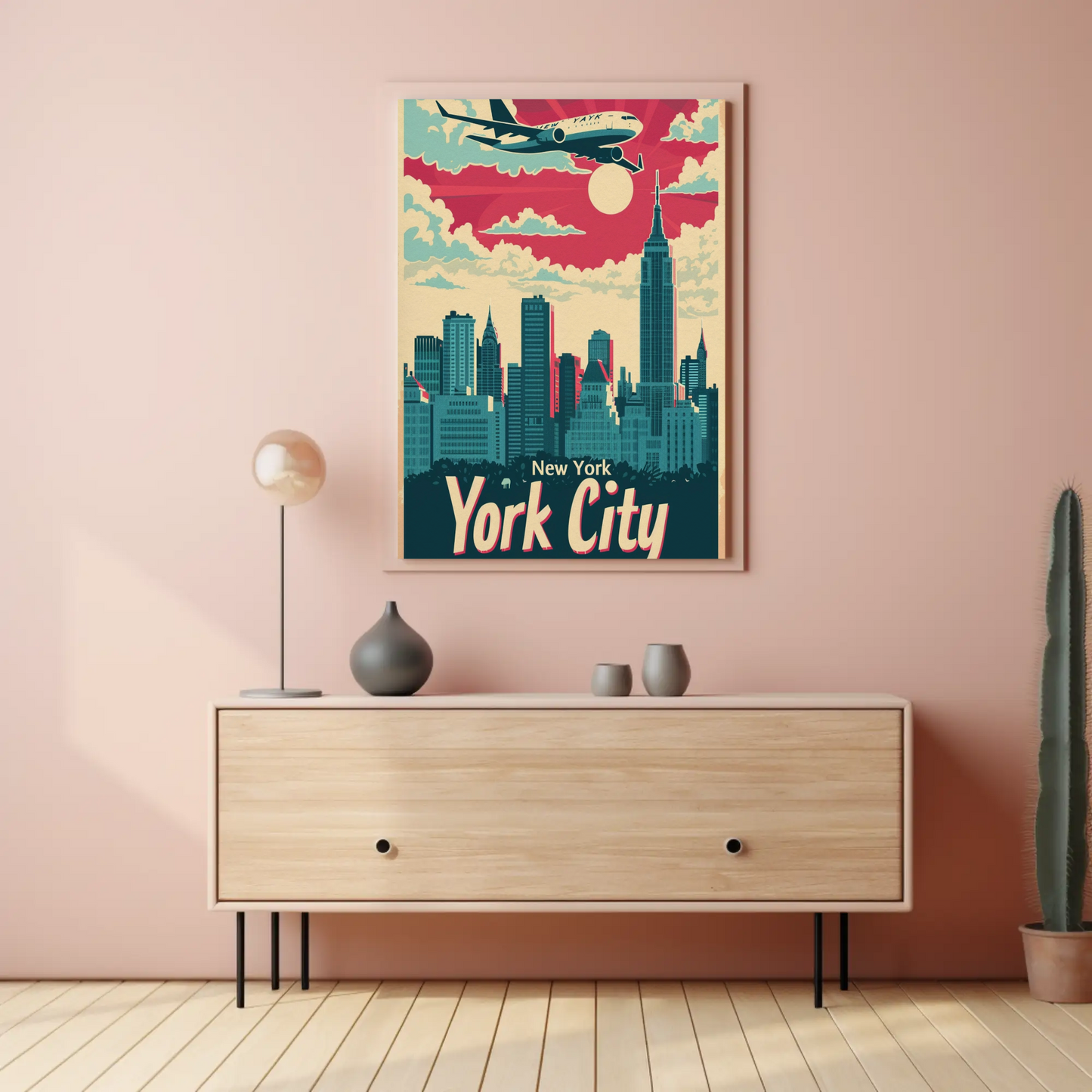 New York City Airplane Skyline Red Sky Travel Poster