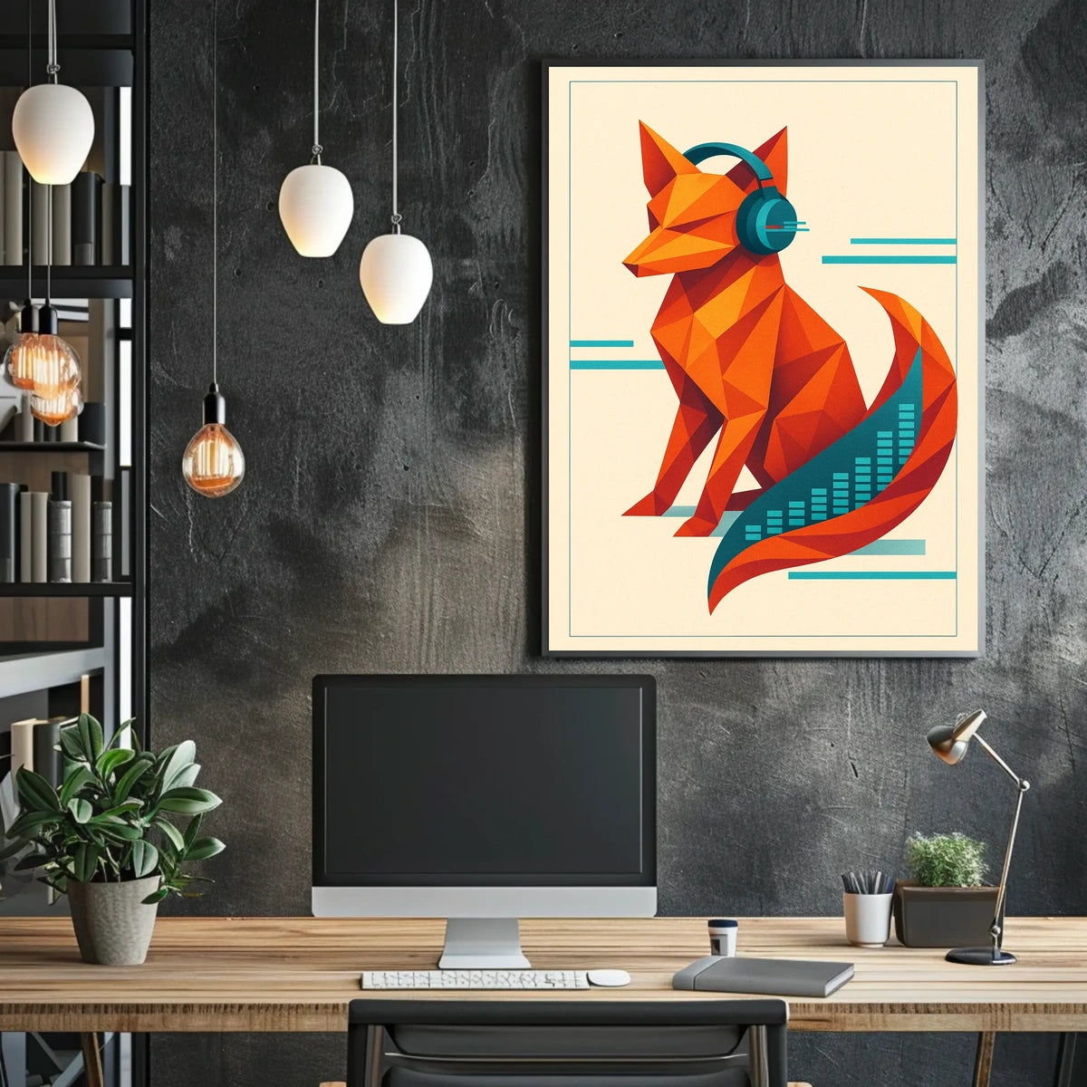 Geometric Fox With Headphones Poster