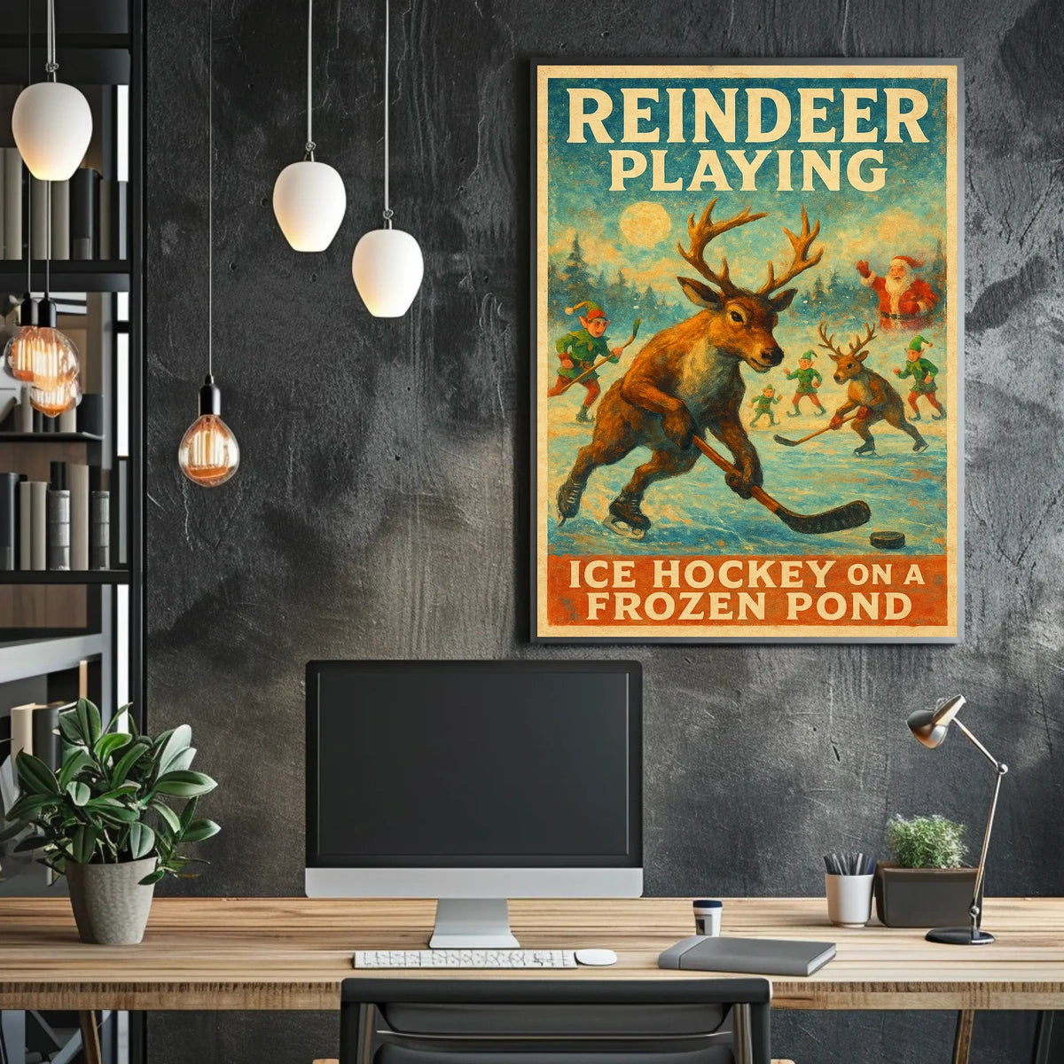 Festive Reindeer Ice Hockey Vintage Fantasy or Mythology Poster
