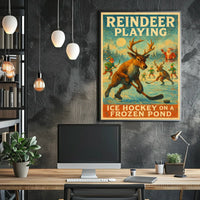 Festive Reindeer Ice Hockey Vintage Fantasy or Mythology Poster