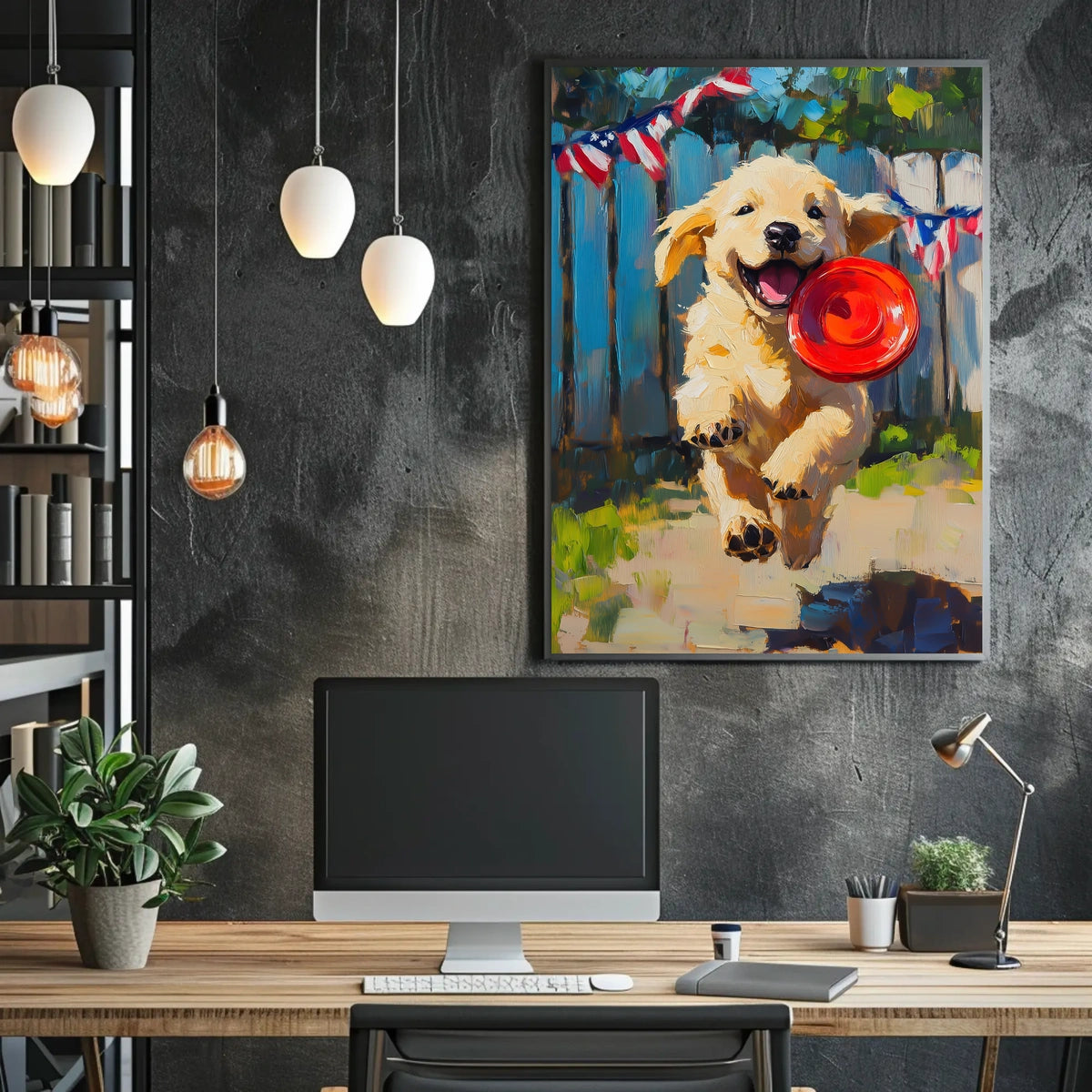 Golden Retriever Puppy Running With Red Frisbee Poster