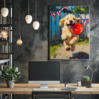 Golden Retriever Puppy Running With Red Frisbee Poster