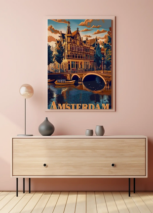 Amsterdam Canals Historic Architecture Boats Scenic Travel Poster