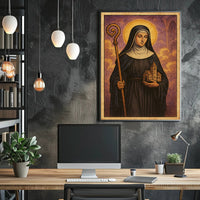 Saintly Figure with Church Poster PosterGoat