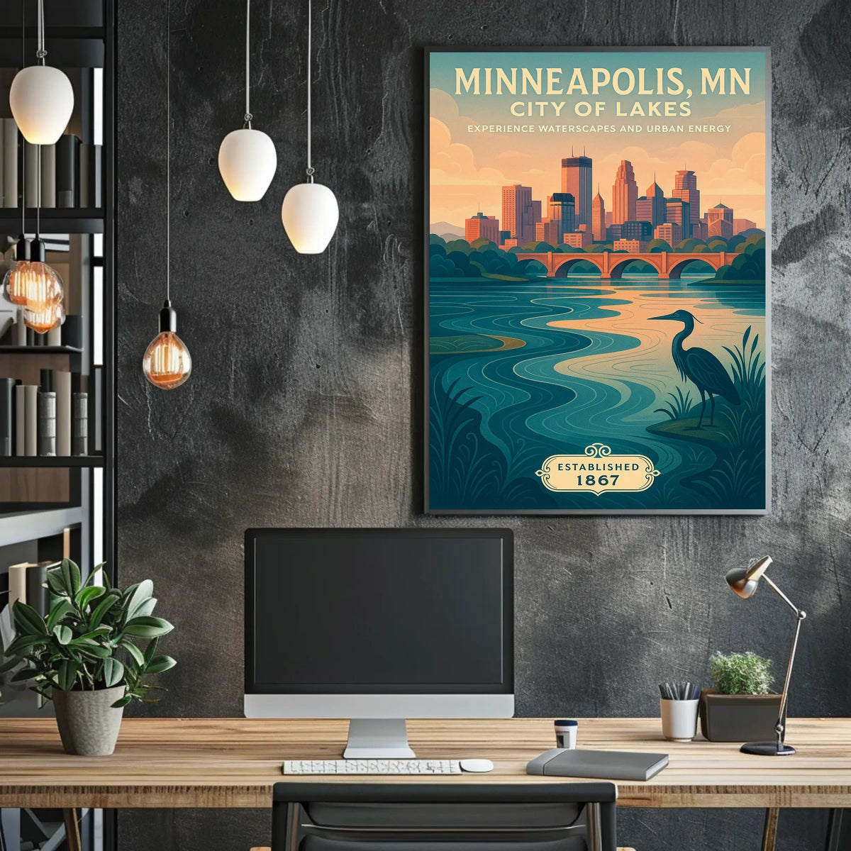 The poster depicts a serene and picturesque representation of Minneapolis, Minnesota, known as Travel Poster