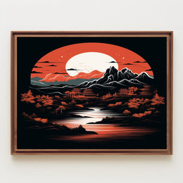 Tranquil Landscape Under A Crimson Moon Poster