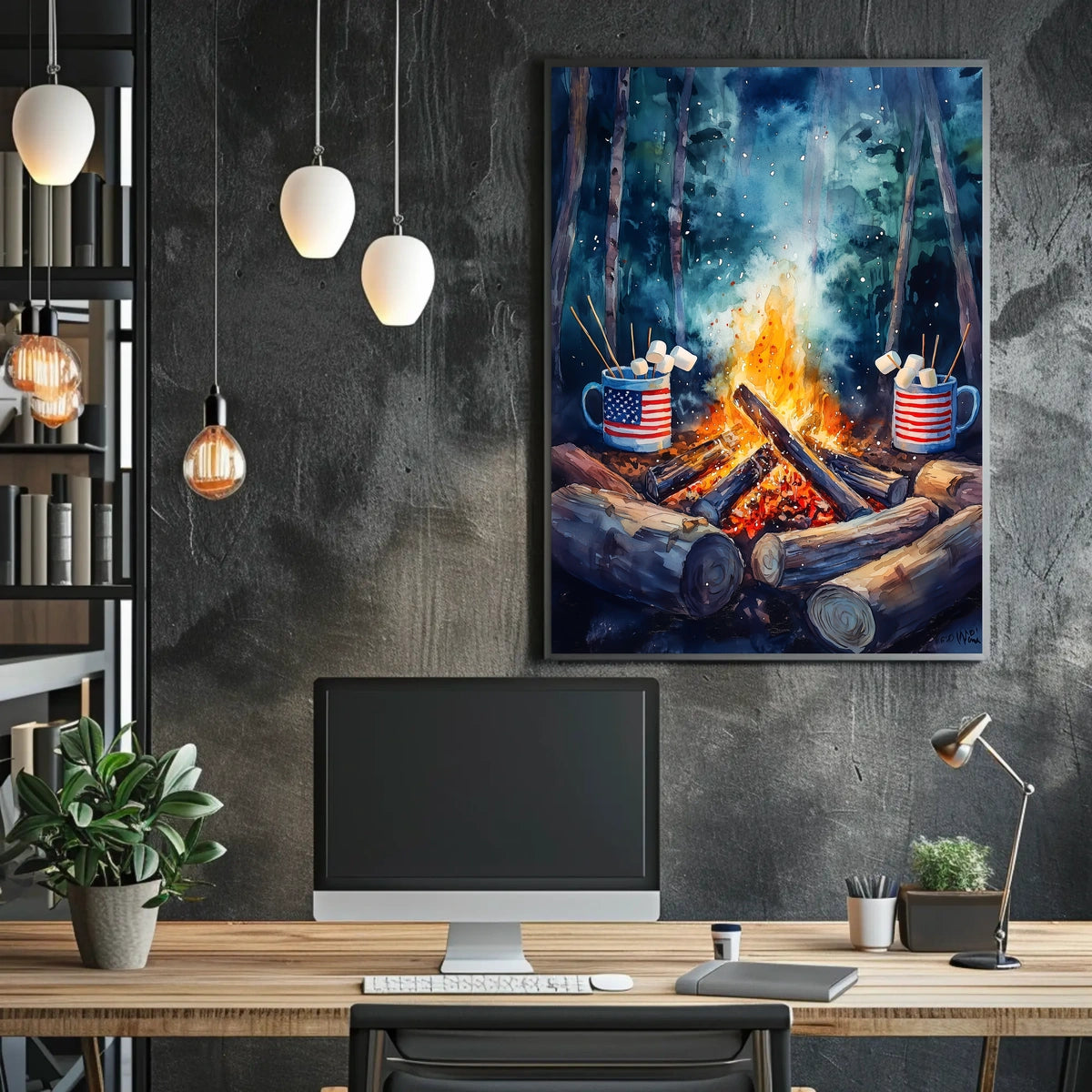 Cozy Campfire Night With American Flag Mugs Outdoor Poster