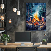 Cozy Campfire Night With American Flag Mugs Outdoor Poster