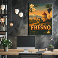 Fresno Vintage Travel Art Poster with Sunset Scenery
