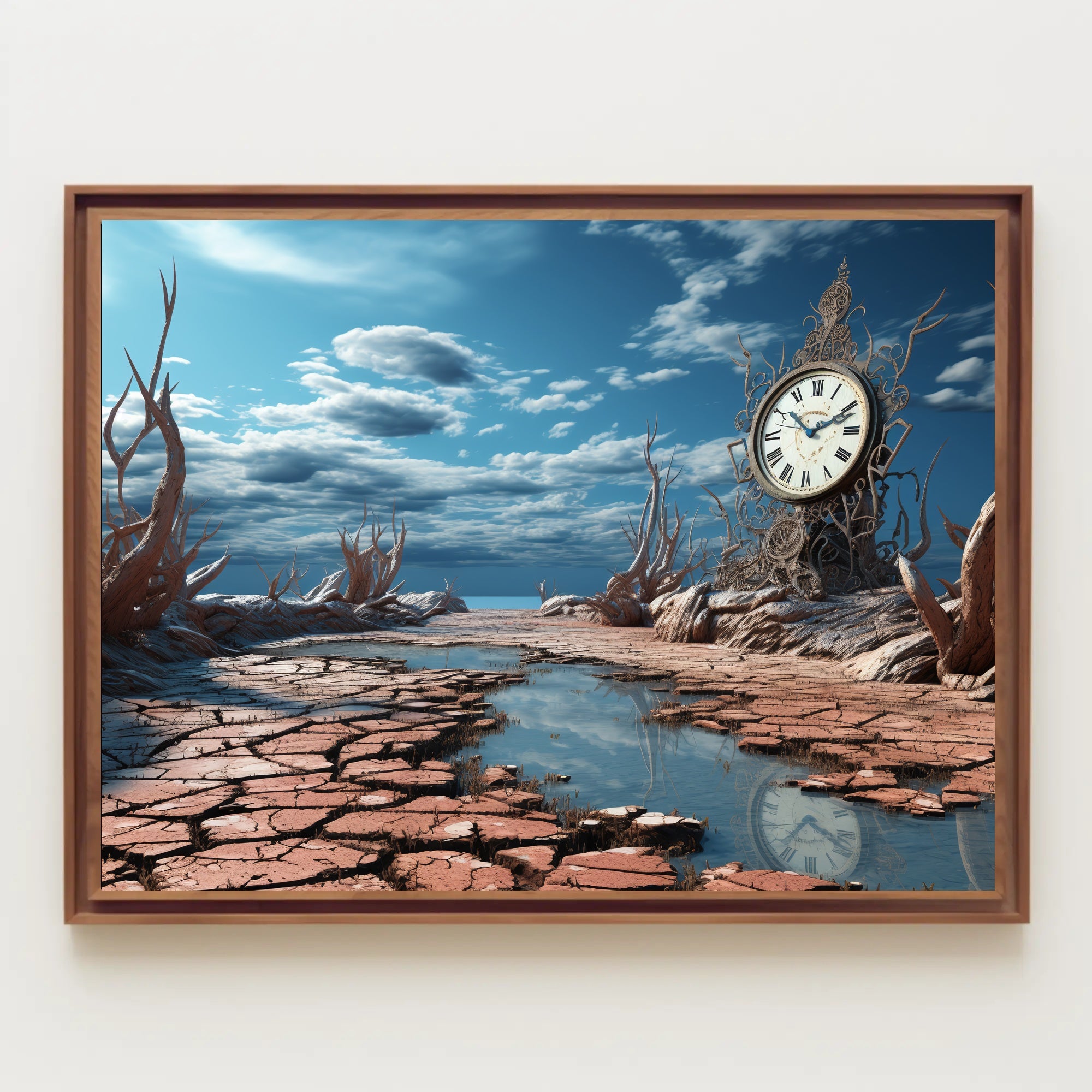 Surrealistic Timepiece in Arid Dreamscape Artistic Poster
