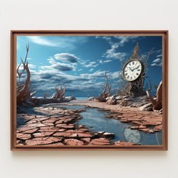 Surrealistic Timepiece in Arid Dreamscape Artistic Poster