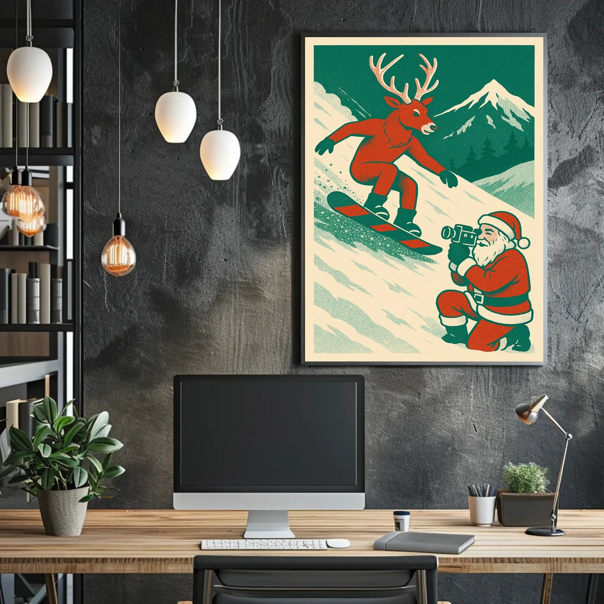Whimsical Reindeer Snowboarding Vintage Holiday Poster