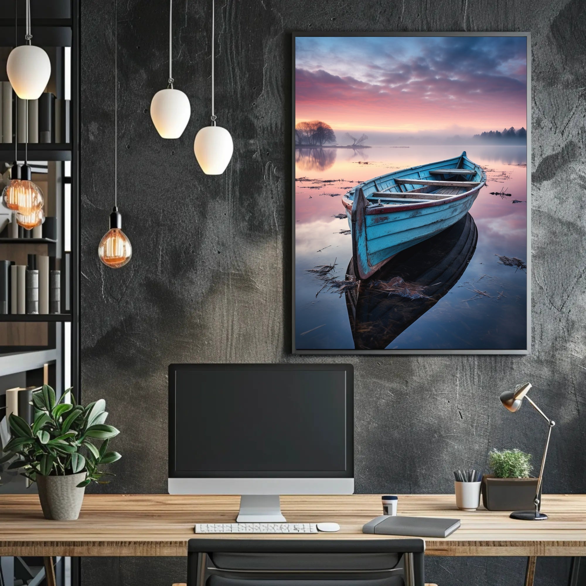 Solitary Wooden Boat on Serene Lake - Artistic Poster