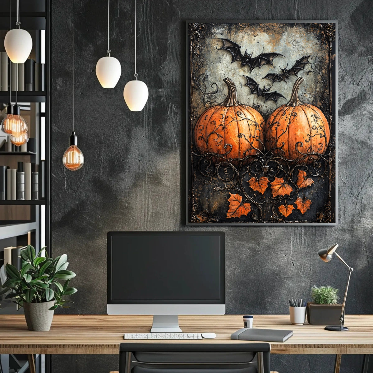 Gothic Pumpkin and Bat Halloween Art Poster