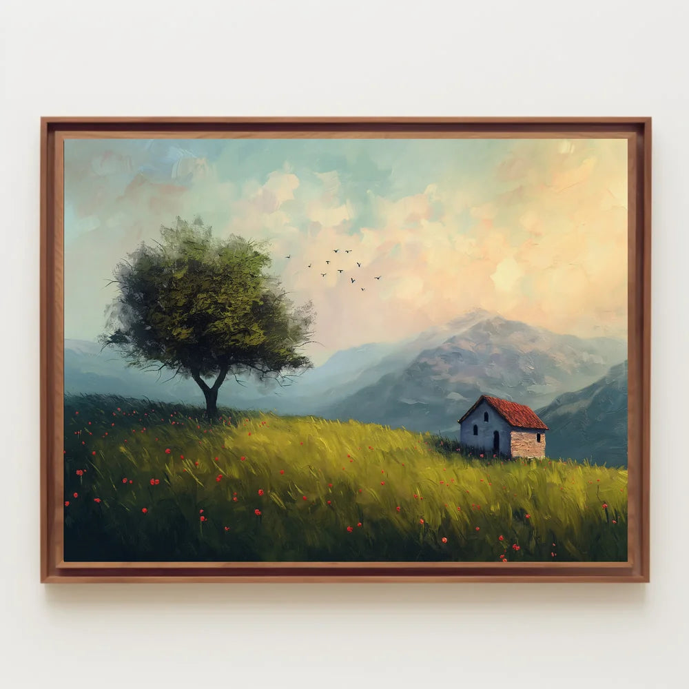 Serene Countryside Landscape with Cottage and Tree