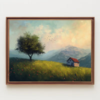 Serene Countryside Landscape with Cottage and Tree