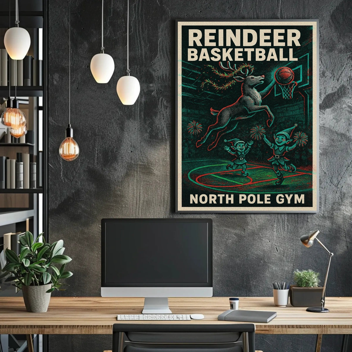 Reindeer Basketball Hoops Vintage Sports Poster