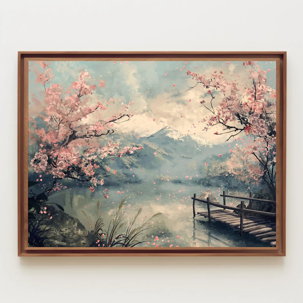 Serene Cherry Blossom Lake: Japanese Impressionist Poster