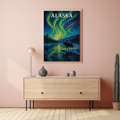 Alaska Aurora Borealis Moose Night Sky Travel Poster