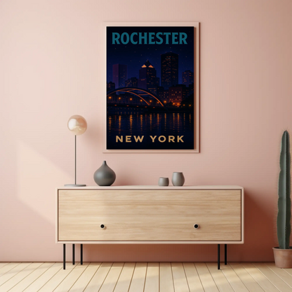 Rochester New York Night Skyline River Lights Travel Poster Travel Poster